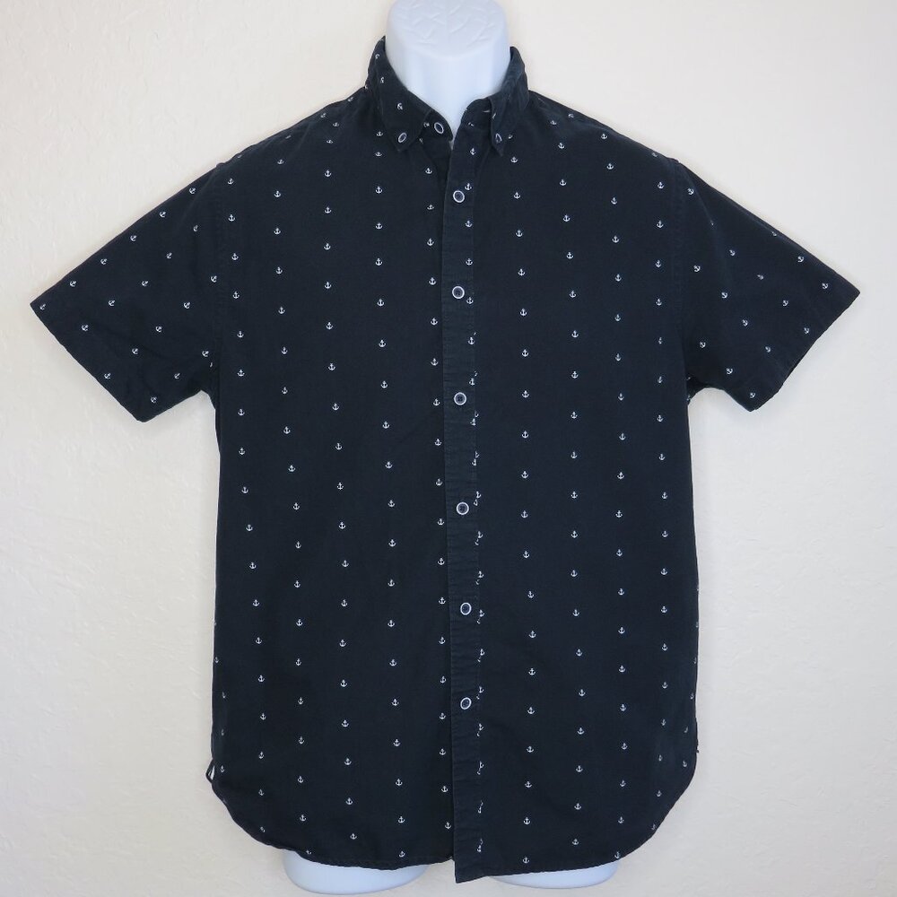 Cactus Man* Men's Short Sleeve Button Down Curved Hem Anchor Print Shirt~ Medium